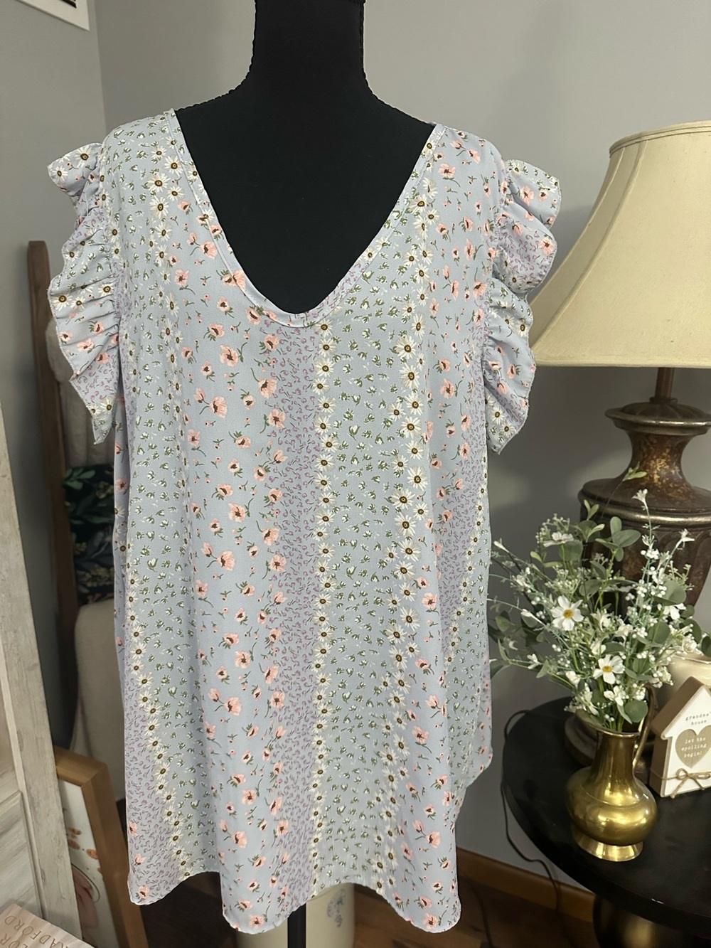 First Love Light Blue Floral V-Neck Ruffle Sleeve Tunic